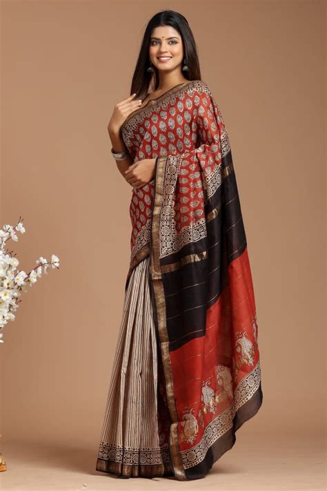 Red Brown Block Tribal Printed Maheshwari Silk Saree With Blouse