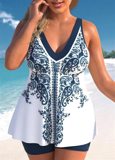 Plus Size Patchwork White Tribal Print Tankini Set Modlily USD