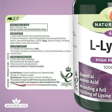 Natures Aid L Lysine 1000mg Vegan 60 Tablets High Potency Essential