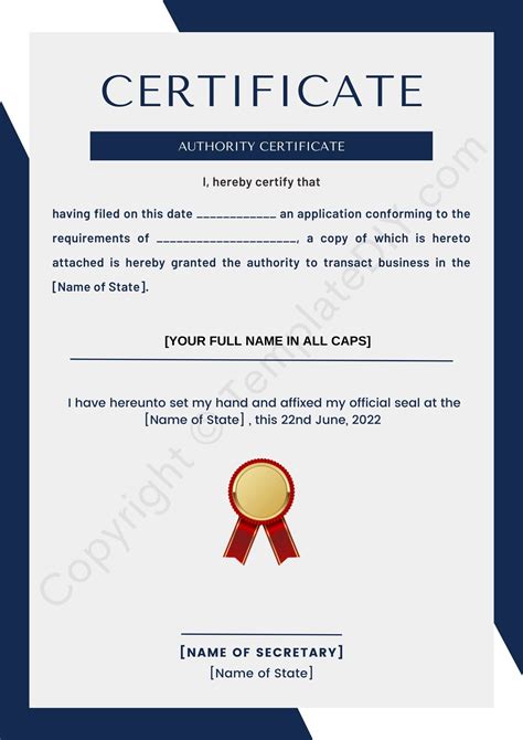 Certificate of Authority Blank Printable Template PDF, Word