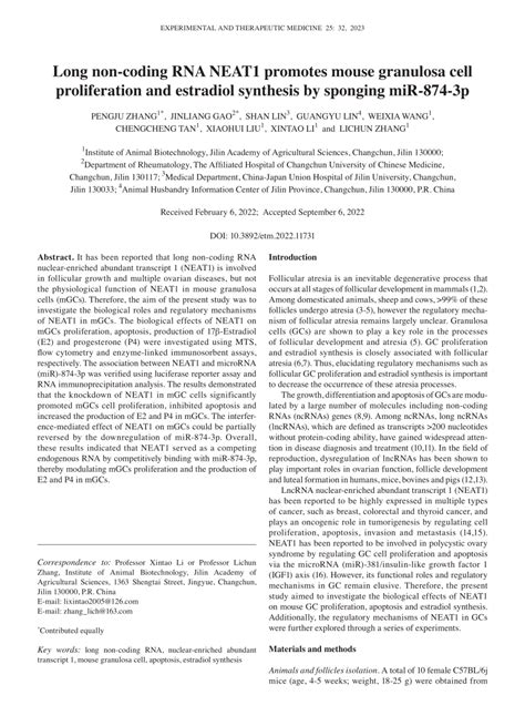 Pdf Long Noncoding Rna Neat Promotes Mouse Granulosa Cell