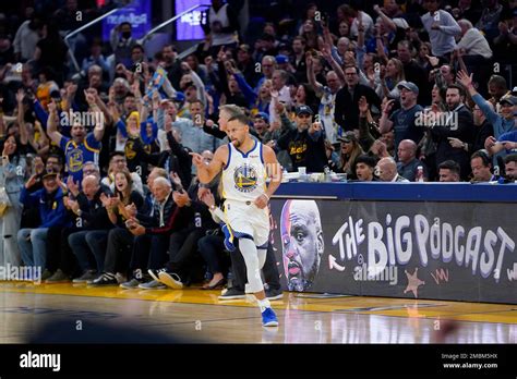 Golden State Warriors Guard Stephen Curry Gestures After Scoring