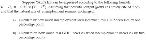 Solved Suppose Okun's law can be expressed according to the | Chegg.com