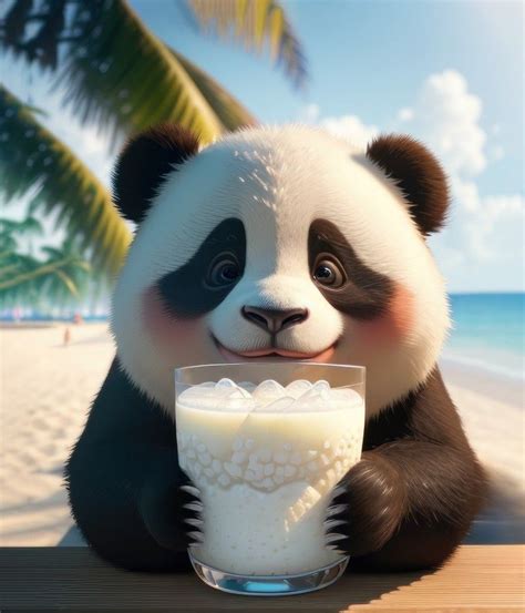 Cute Panda Drinks A Coconut Juice Aranyos Panda Kókuszlevet Iszik