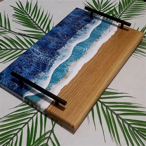 Oak Deep Blue Ocean Wave Epoxy Charcuterie Board W Handles Etsy