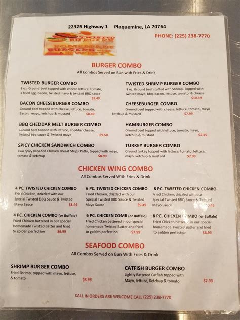 Menu at Twisted Burgers restaurant, Plaquemine