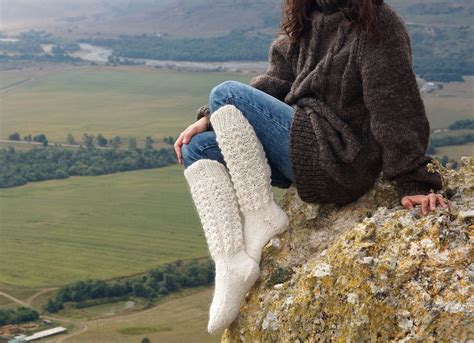 Wool High Socks Hand Knitted Long Socks Off White Wool Long Etsy