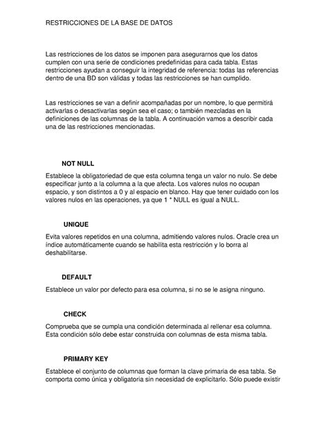 Restricciones DE LA BASE DE Datos - RESTRICCIONES DE LA BASE DE DATOS