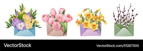 Envelope With Pussy Willow Tulips Daffodils Vector Image