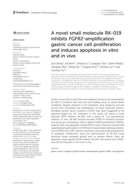 PDF A Novel Small Molecule RK 019 Inhibits FGFR2 Amplification