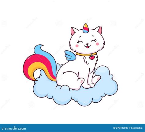 Caricatura Lindo Personaje De Caticorn En Una Nube Esponjosa