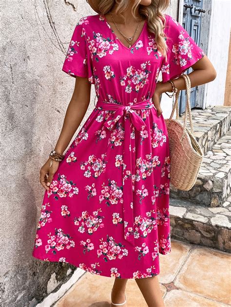 Shein Vcay Robe Ceintur E Imprim Floral Manches Papillon Mode En