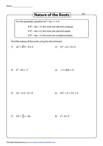 Nature of Roots Worksheets