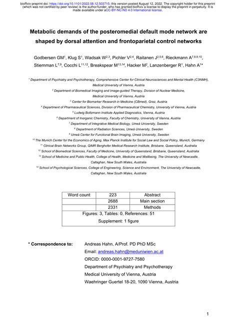 PDF Metabolic Demands Of The Posteromedial Default Mode Network Are