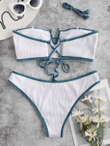 ZAFUL Ribbed Lace Up Whip Stitch V Wired Bikini Swimwear In WHITE