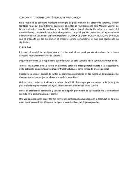 ACTA Constitutiva ACTA CONSTITUTIVA DEL COMITÉ VECINAL DE