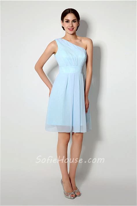 A Line One Shoulder Short Light Blue Chiffon Bridesmaid Party Dress