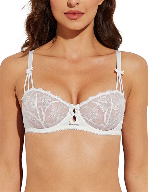 Deyllo Womens Embroidered Lace Unlined Bra 12 Cup Demi Sheer See Through Underwire Bras Non