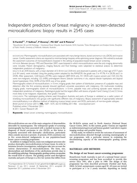 (PDF) Independent predictors of breast malignancy in screen-detected microcalcifications: Biopsy ...