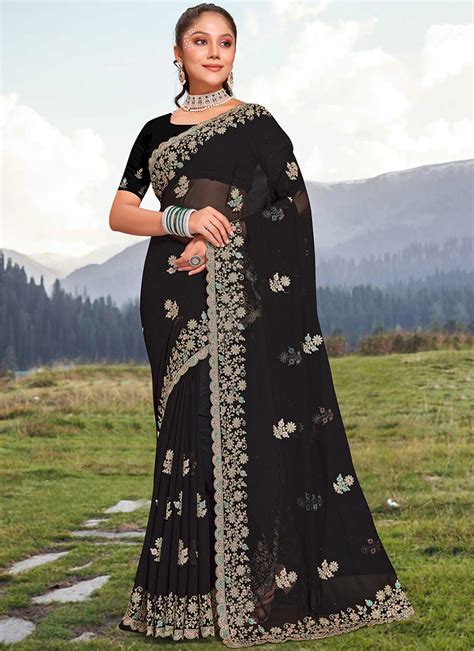 Shop Black Faux Georgette Embroidered Saree Party Wear Online At Best