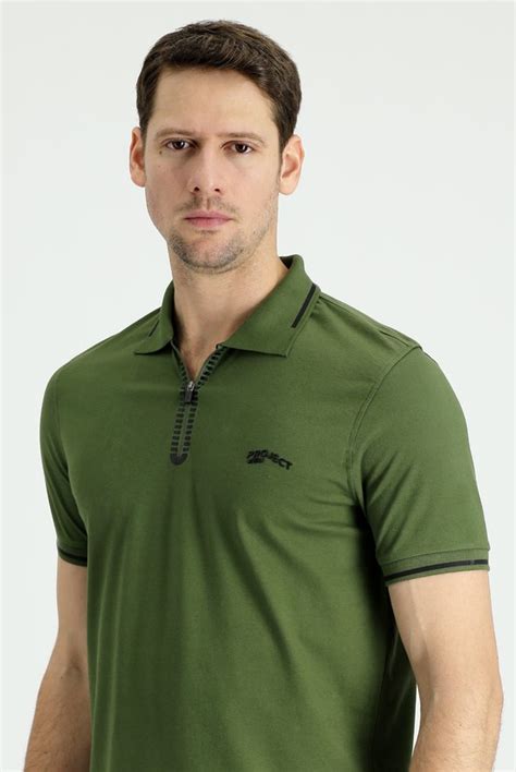 Orta Haki Polo Yaka Slim Fit Fermuarl Bask L Ti Rt