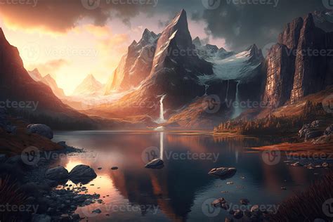 Fantasy art of mountain valley with lake, perfect spring sunset ...