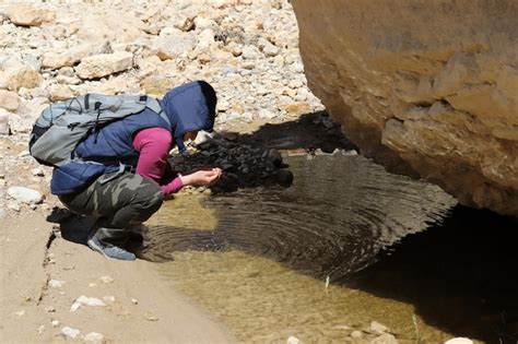 Turista Con Mochila Al Borde Del Estanque Foto Premium