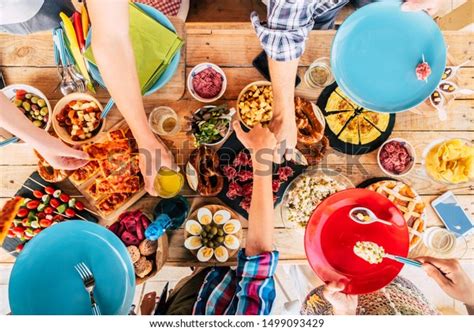 aerial vertical view table full coloured stock photo