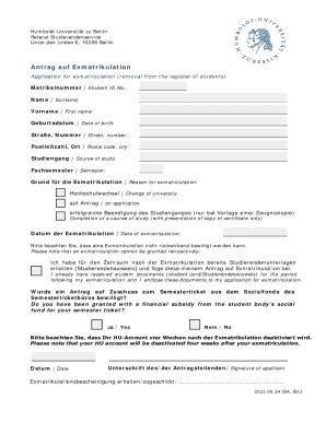 Ausfüllbar Online Antrag auf Exmatrikulation Application for