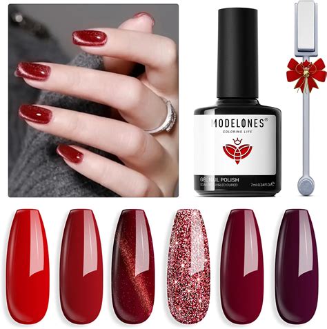 Modelones Red Gel Nail Polish Set 6 Colors Ruby Sparks Collection