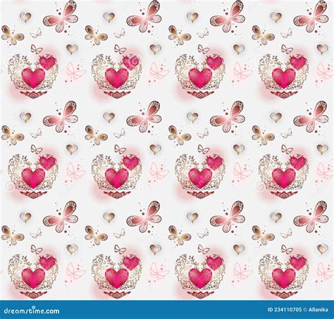 Seamless Pink Background With Hearts And Butterflies Stock Vector