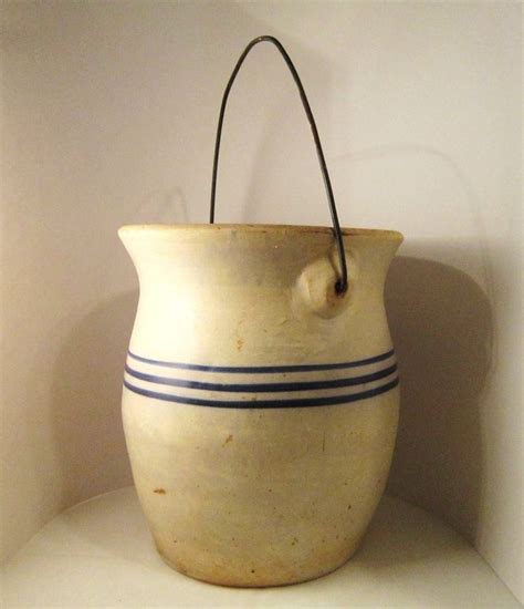 Stoneware Crock Blue Stripes And Bail 10 Inch Tall Heavy Antique