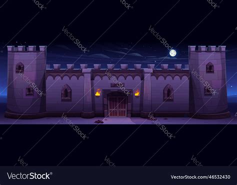 Wall of medieval stone castle at night Royalty Free Vector