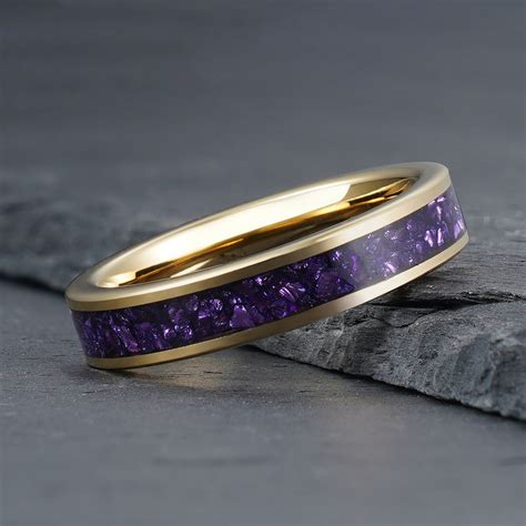 Purple Amethyst Ring, Gold Tungsten Ring, Mens Wedding Ring, Womens