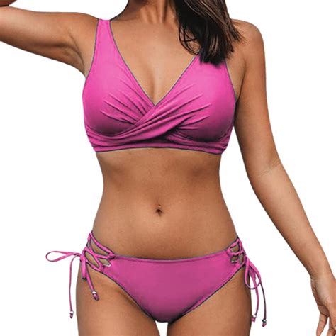 Zhaghmin Two Piece Bikini Set For Women Swimsuit Solid Color V Neck