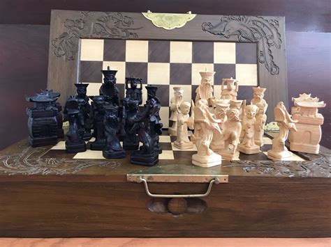 Large Asian Chess Set Vintage Hand Carved Chess Set Carved Wood Chest