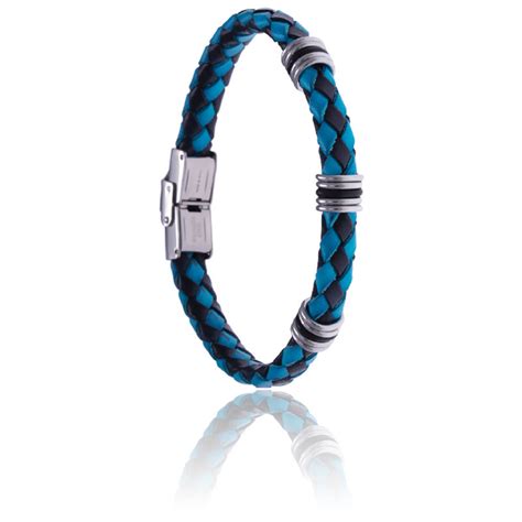 Bracelet Acier Cuir Tress Bleu Et Noir Italien Apollon Ocarat