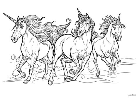 Three Galloping Unicorns Unicorns Adult Coloring Pages