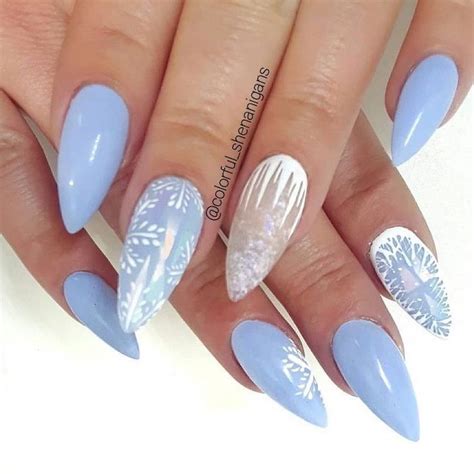 White Blue Nail Polish Winter Acrylic Nails Icy Snowflakes Decorations