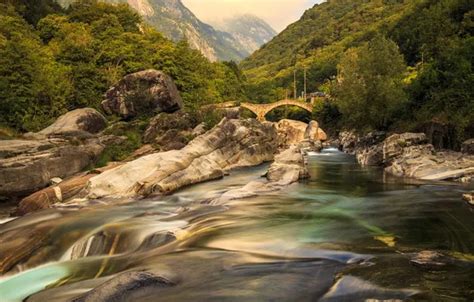 Wallpaper Forest Trees Mountains Bridge Stones Switzerland River