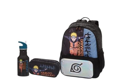 Mochila Escolar Naruto Ninja Run Costas Estojo E Garrafa Pacific