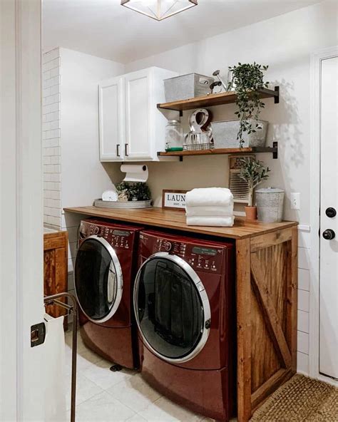 Red Washer And Dryer Under A Butcher Block Countertop Soul Lane