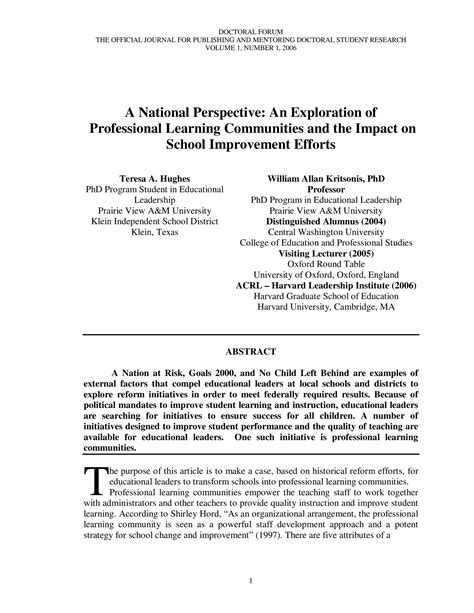 Hughes A National Perspective An Exploration Of Professional Learning Communities Pdf