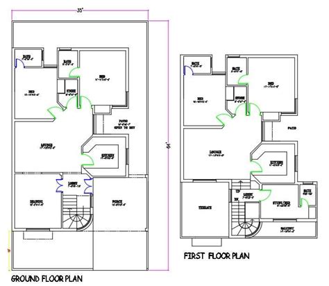 35x64 House Ground Floor And First Floor Layout Plan Dwg File Cadbull