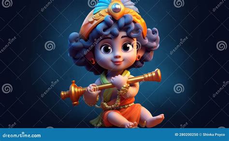 3D Little Krishna Holding Flute on Blue Background Generative AI Stock ...