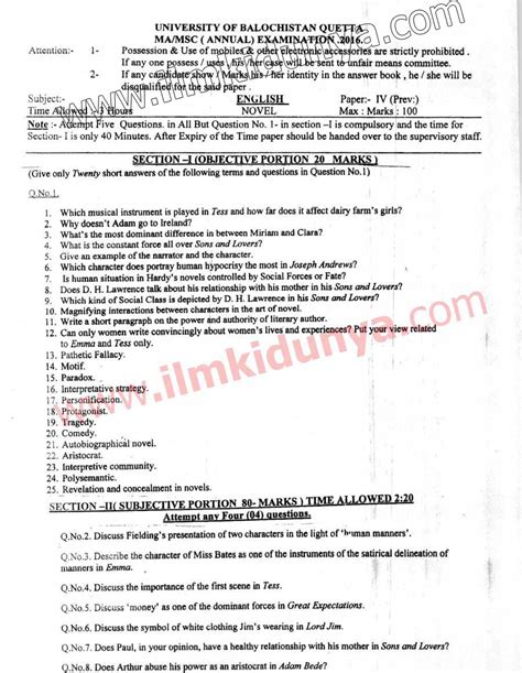 University Of Balochistan Ma Msc English Past Paper 2016 Novel