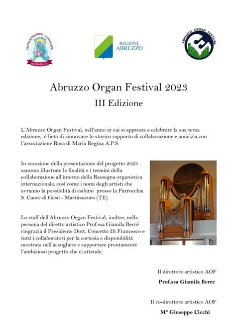 L ABRUZZO ORGAN FESTIVAL 2023 3EDIZIONE Rosa Di Maria Regina A P S