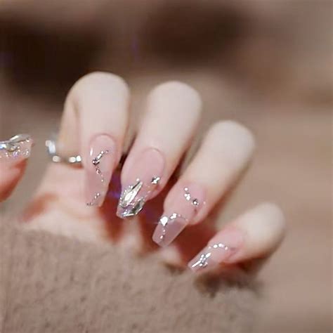 Flytonn 24pcs Nude False Nails With Rhinestones French Fake Fingernails Long Coffin Ballet