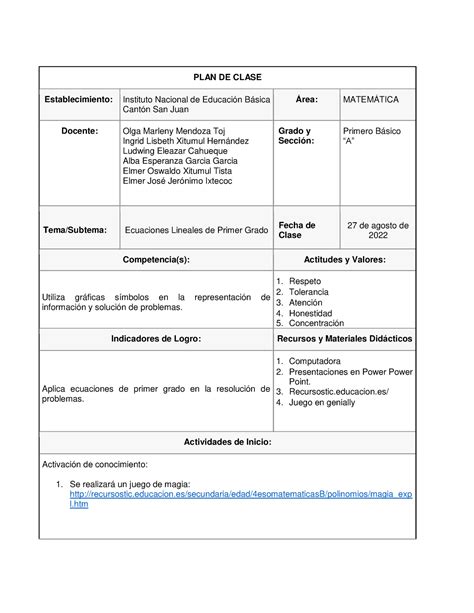 Plan De Clase Ecuaciones Lineales De Primer Grado Plan De Clase