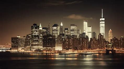 The New York City Skyline At Night Is Visible Background, River ...